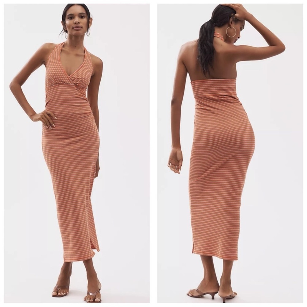 Anthropologie Pilcro High Tide Halter Slim Midi Dress-Orange Stripe SZ Med  NWT